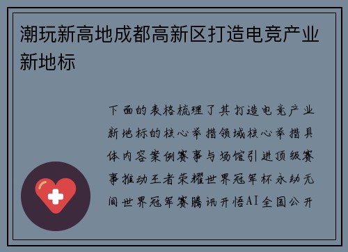 潮玩新高地成都高新区打造电竞产业新地标